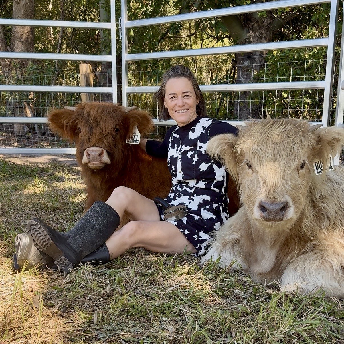 Larissa sitting with Axel and Dusty, our Highland steers, at Damside Highlands